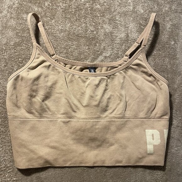Victoria's Secret Pink Active Sports Bra Large Seamless Beige Ribbed Logo Tan - Picture 1 of 6